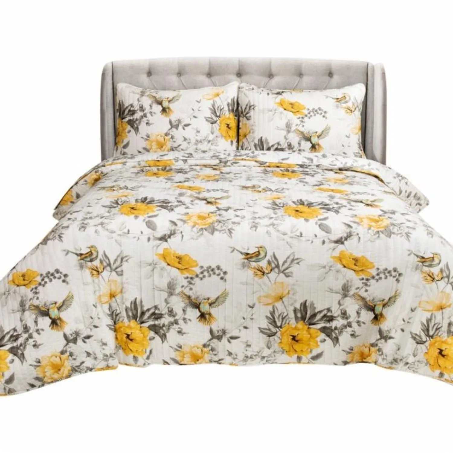 QuikFurn King size 3 Piece White Yellow Grey Reversible Floral Birds Cotton Quilt Set