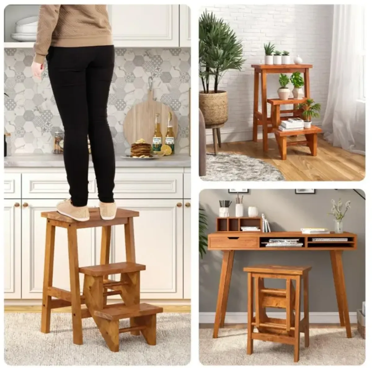 Hivvago 3-in-1 Rubber Wood Step Stool with Convenient Handle