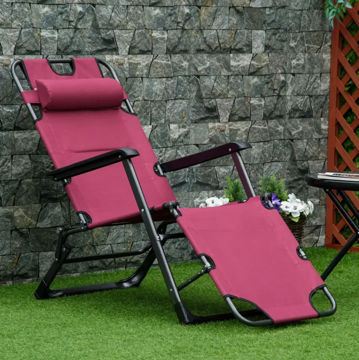 Red Outdoor Lounger: 2-in-1 Folding Sun Chair with Adjustable Footrest