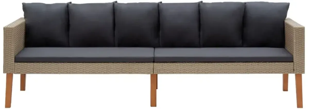 Outdoor 3 Seater Patio Sofa, 86 Inch Beige Poly Rattan, Gray Cushions - Benzara