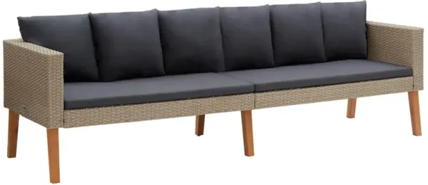 Outdoor 3 Seater Patio Sofa, 86 Inch Beige Poly Rattan, Gray Cushions - Benzara
