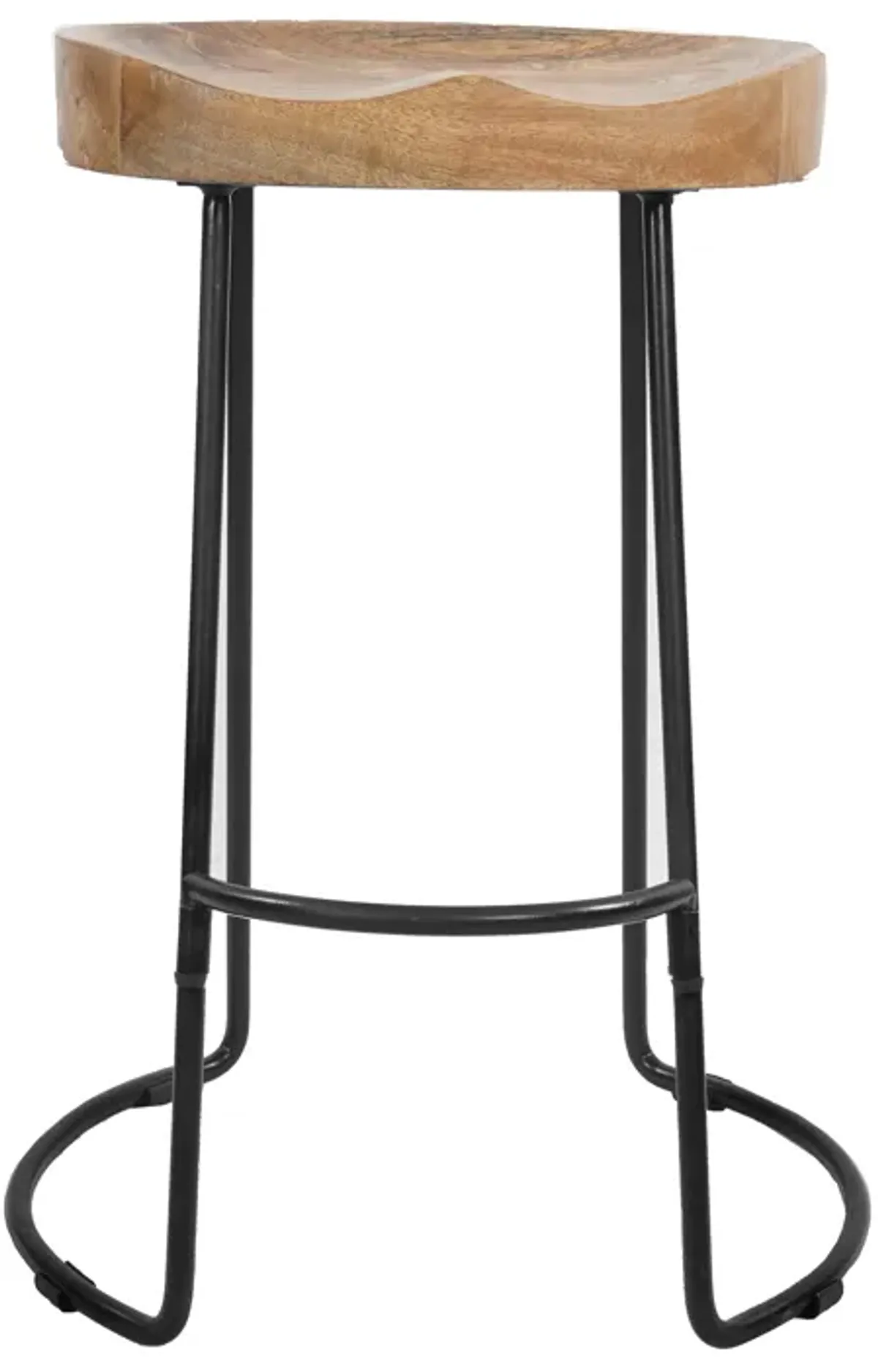 24 Inch Handcrafted Backless Barstool, Natural Brown Mango Wood Thick Saddle Seat, Black Iron Base - Benzara