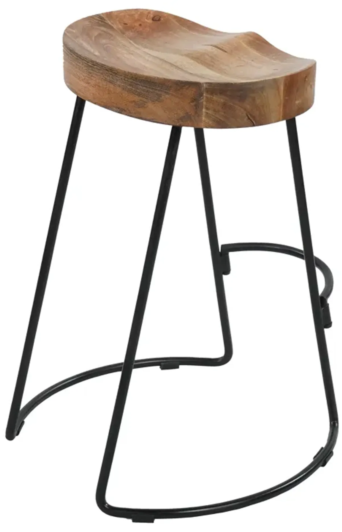 24 Inch Handcrafted Backless Barstool, Natural Brown Mango Wood Thick Saddle Seat, Black Iron Base - Benzara