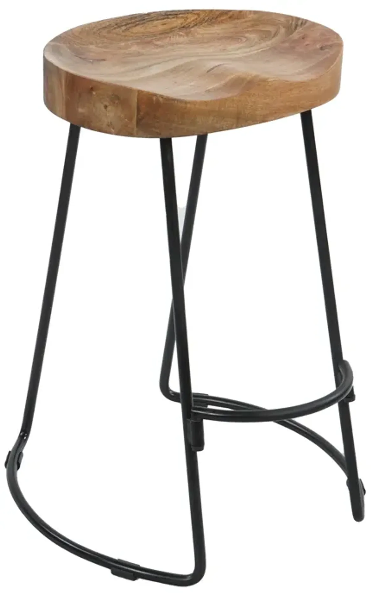 24 Inch Handcrafted Backless Barstool, Natural Brown Mango Wood Thick Saddle Seat, Black Iron Base - Benzara