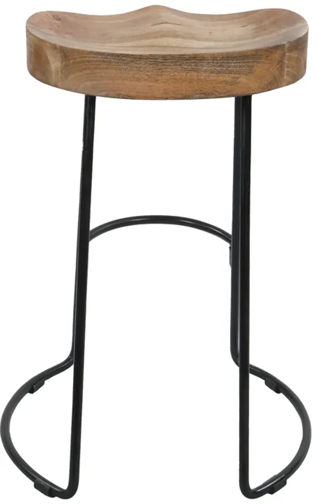 24 Inch Handcrafted Backless Barstool, Natural Brown Mango Wood Thick Saddle Seat, Black Iron Base - Benzara