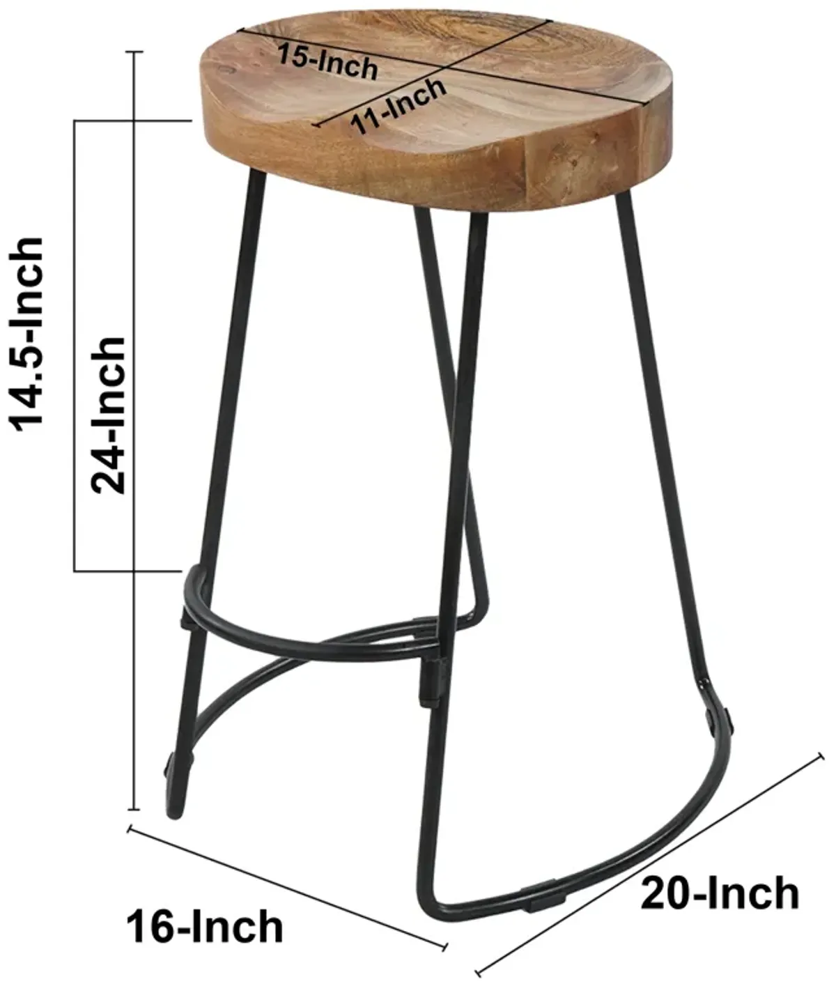 24 Inch Handcrafted Backless Barstool, Natural Brown Mango Wood Thick Saddle Seat, Black Iron Base - Benzara