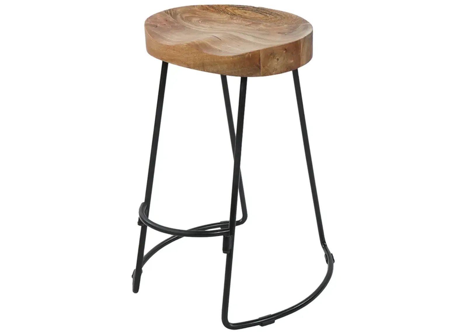 24 Inch Handcrafted Backless Barstool, Natural Brown Mango Wood Thick Saddle Seat, Black Iron Base - Benzara