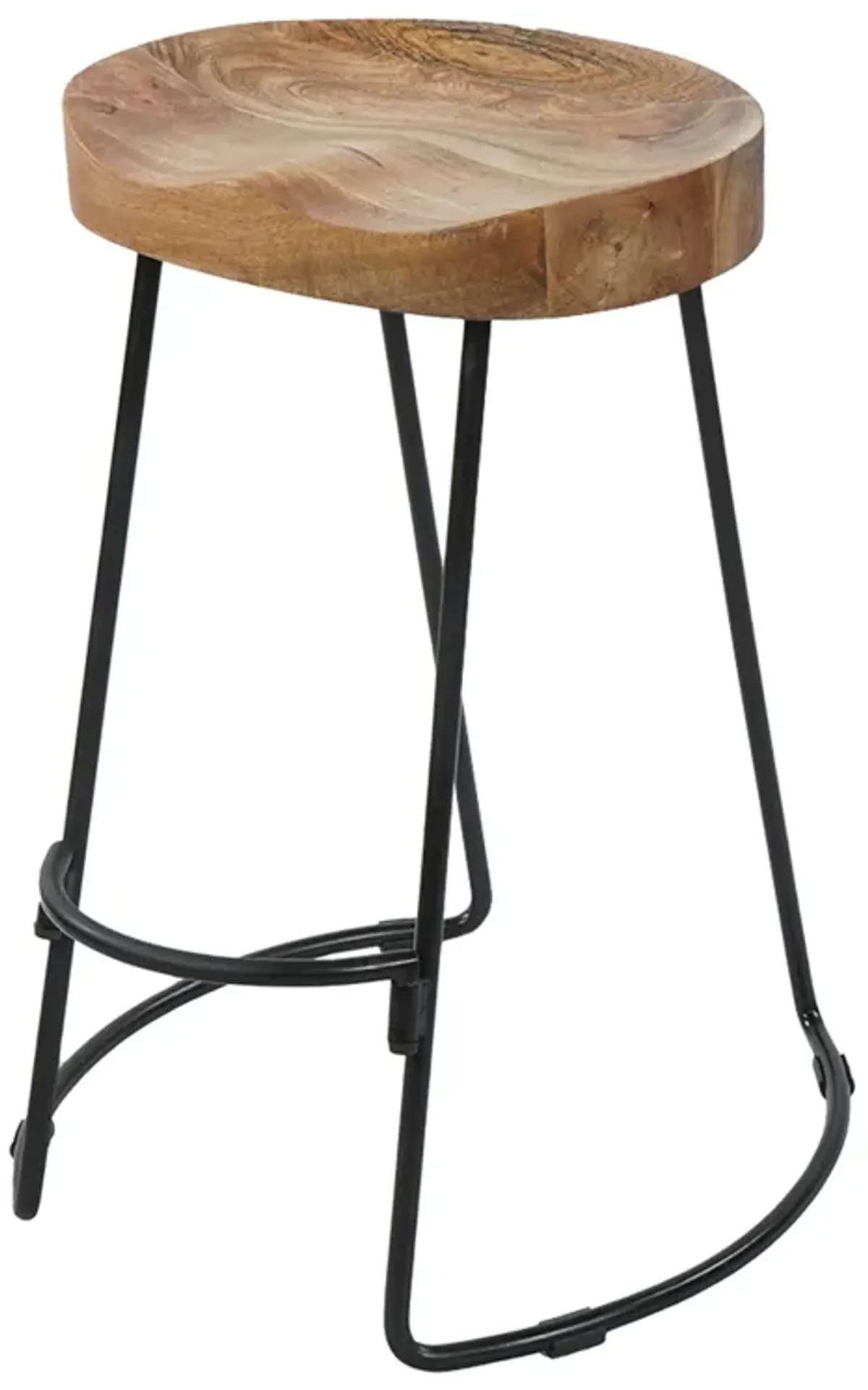 24 Inch Handcrafted Backless Barstool, Natural Brown Mango Wood Thick Saddle Seat, Black Iron Base - Benzara