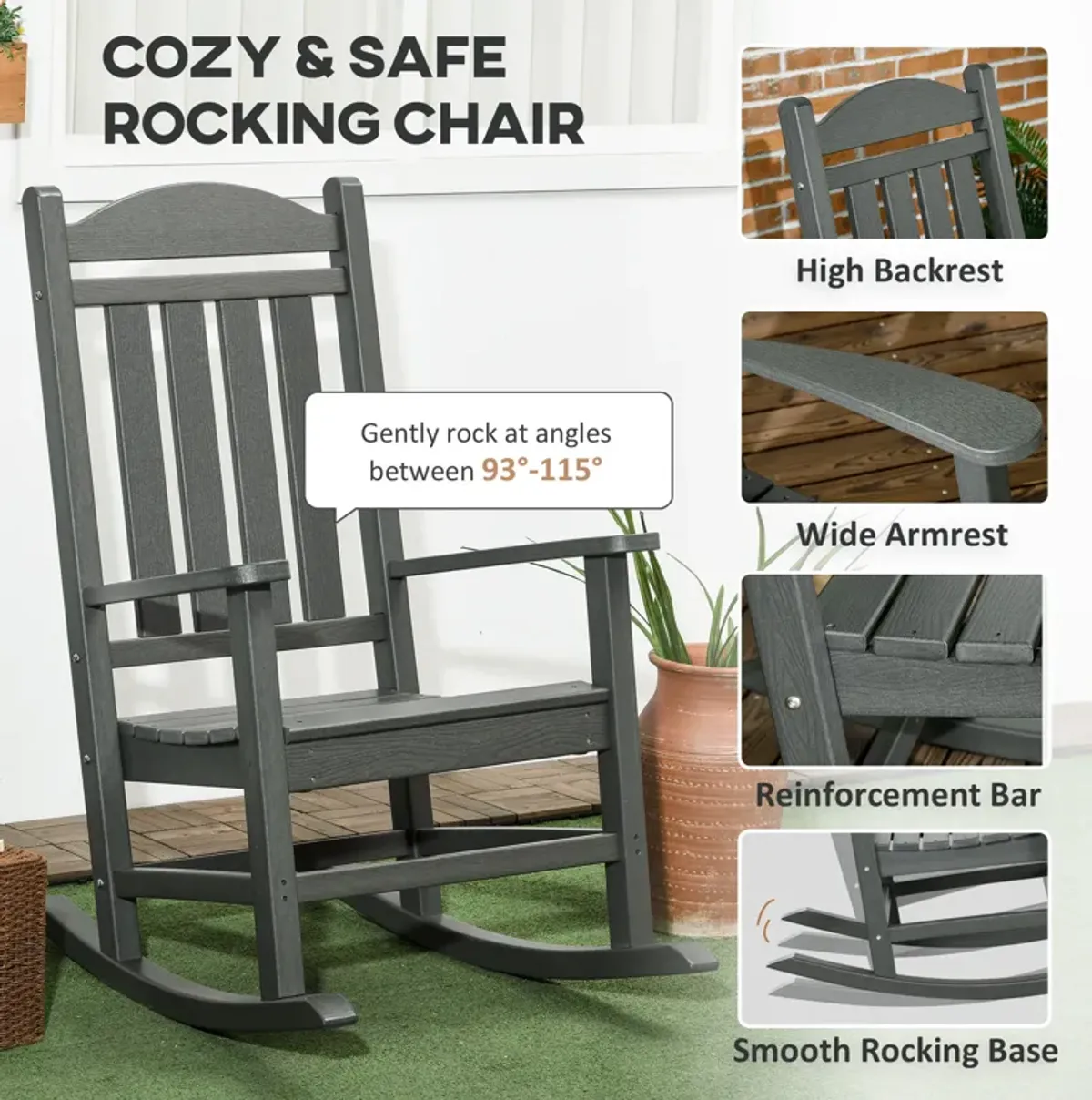 Outsunny 2 Pieces Outdoor Rocking Chair, All Weather-Resistant HDPE Rocking Patio Chairs with Rustic High Back, Armrests, Oversized Seat and Slatted Backrest, 350lbs Weight Capacity, Dark Gray