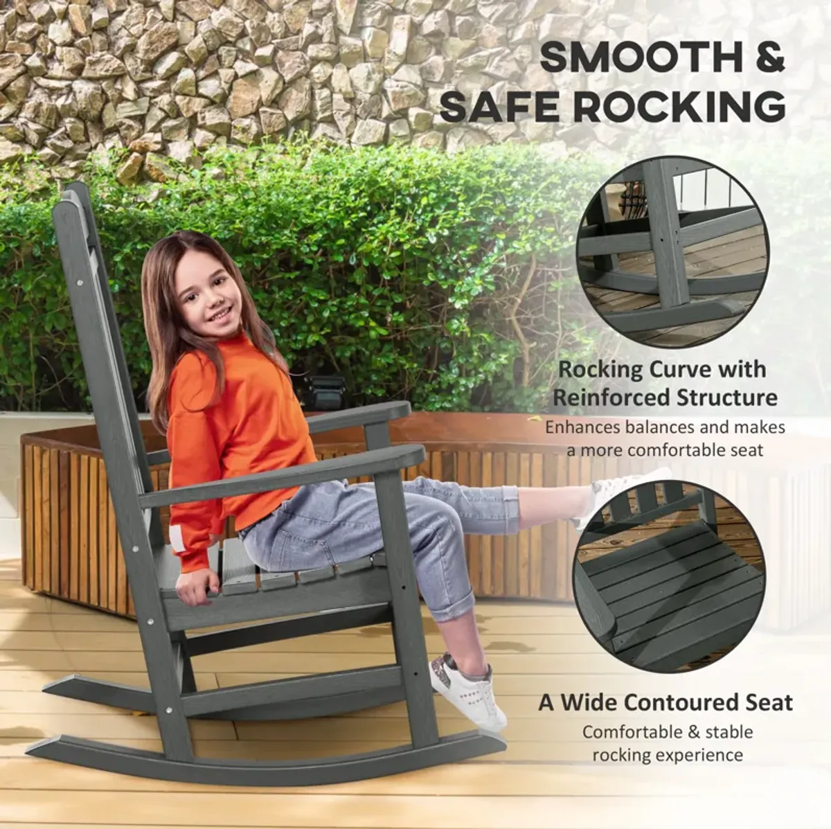 Outsunny 2 Pieces Outdoor Rocking Chair, All Weather-Resistant HDPE Rocking Patio Chairs with Rustic High Back, Armrests, Oversized Seat and Slatted Backrest, 350lbs Weight Capacity, Dark Gray