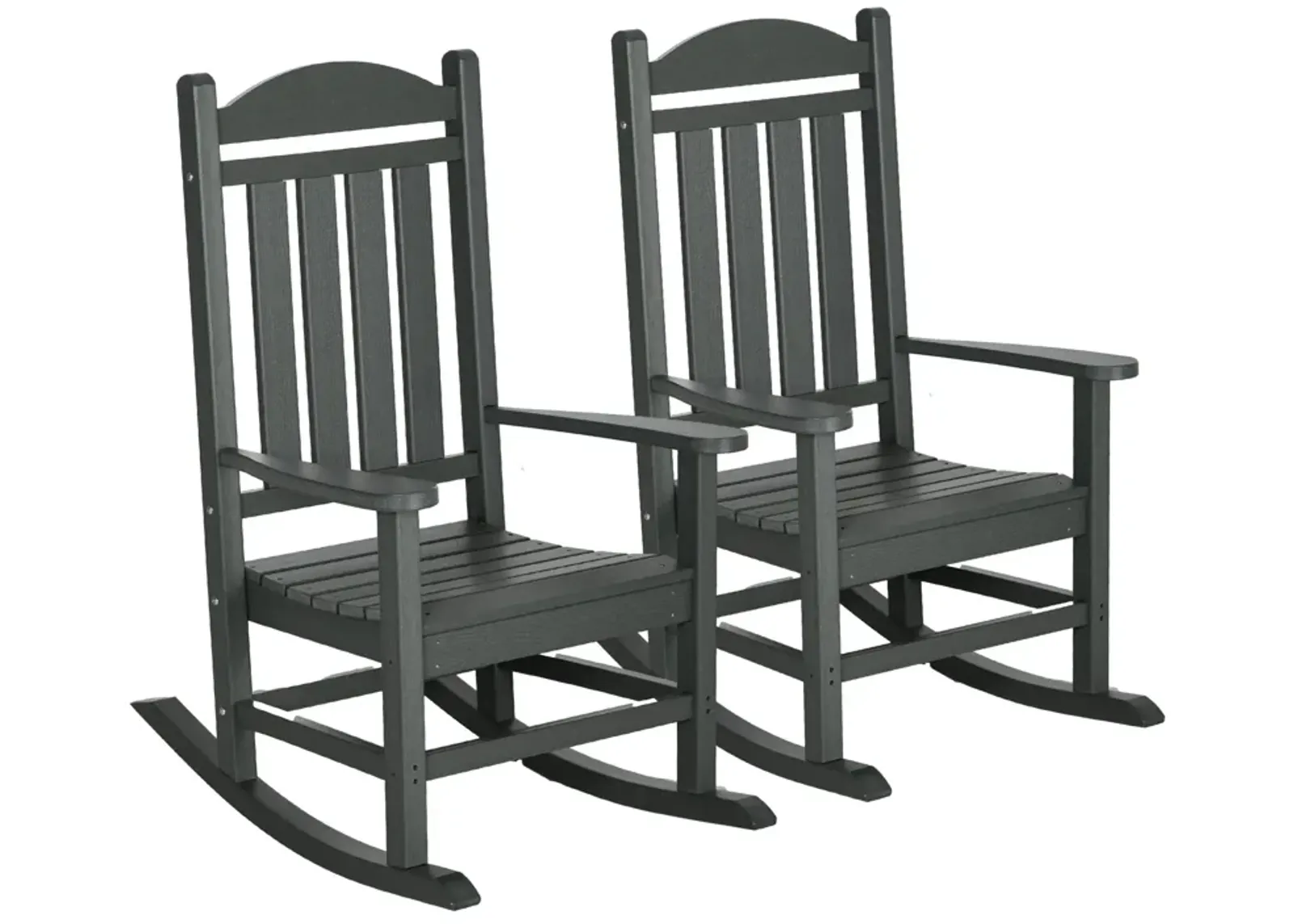 Outsunny 2 Pieces Outdoor Rocking Chair, All Weather-Resistant HDPE Rocking Patio Chairs with Rustic High Back, Armrests, Oversized Seat and Slatted Backrest, 350lbs Weight Capacity, Dark Gray