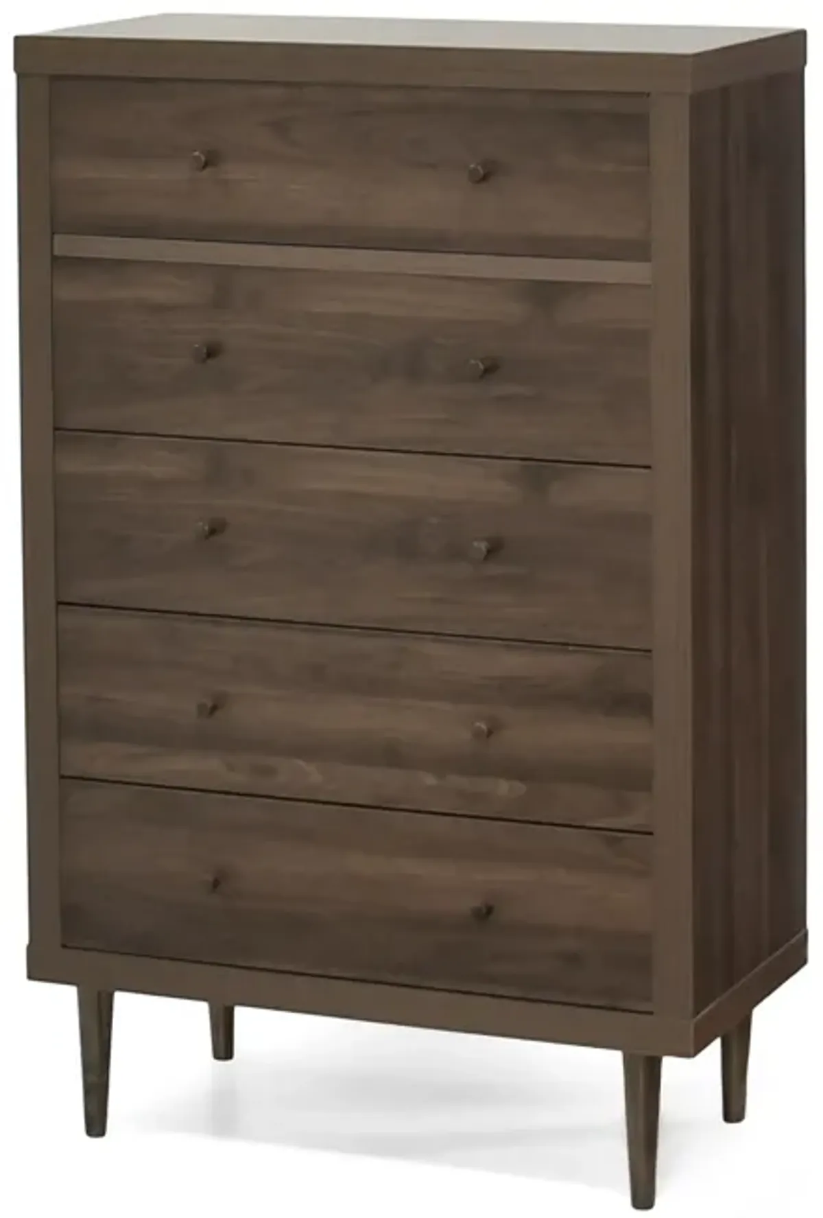 Minie Tall Dresser Chest, 5 Drawers, Rubberwood, Modern Walnut Brown - Benzara