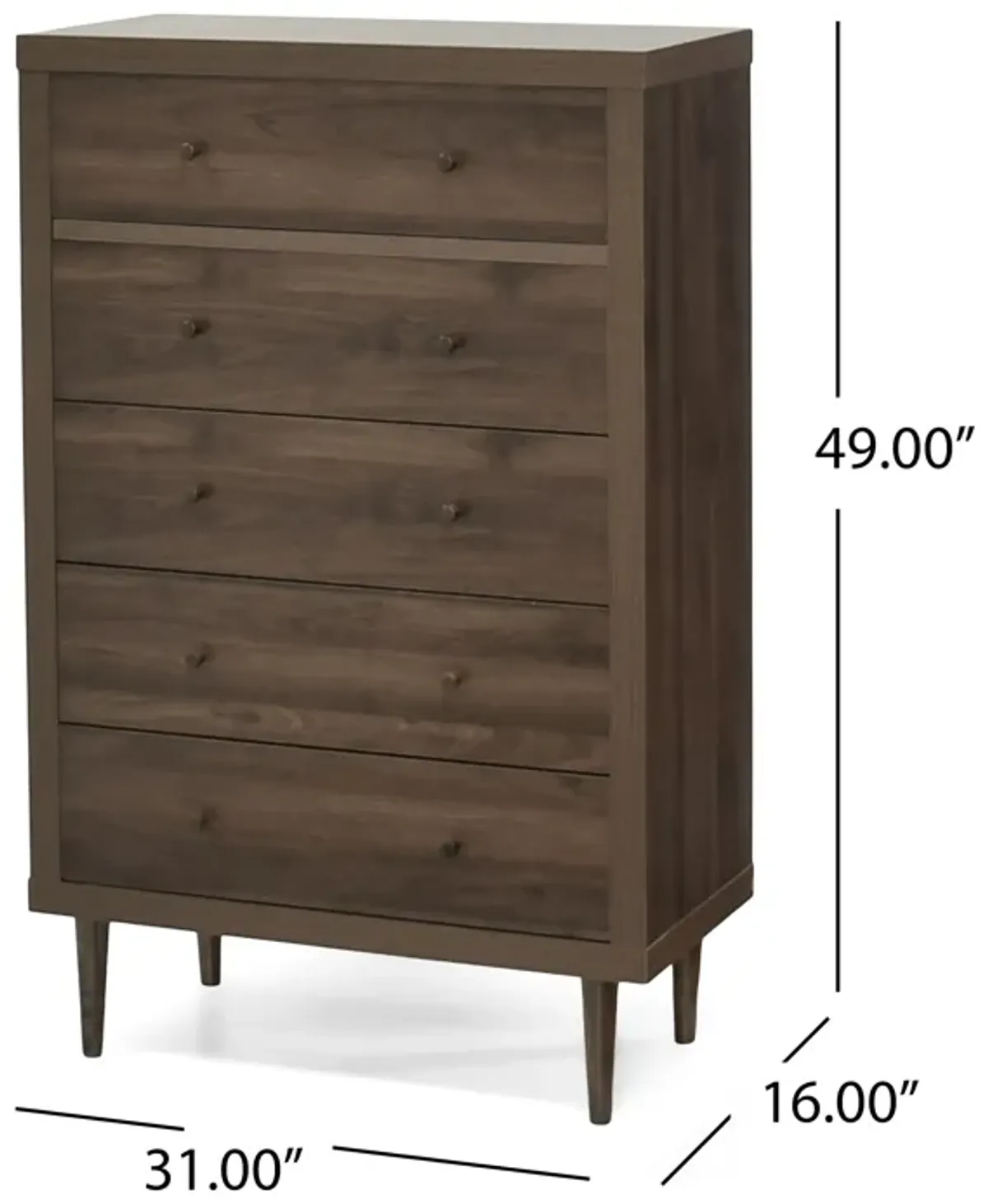 Minie Tall Dresser Chest, 5 Drawers, Rubberwood, Modern Walnut Brown - Benzara