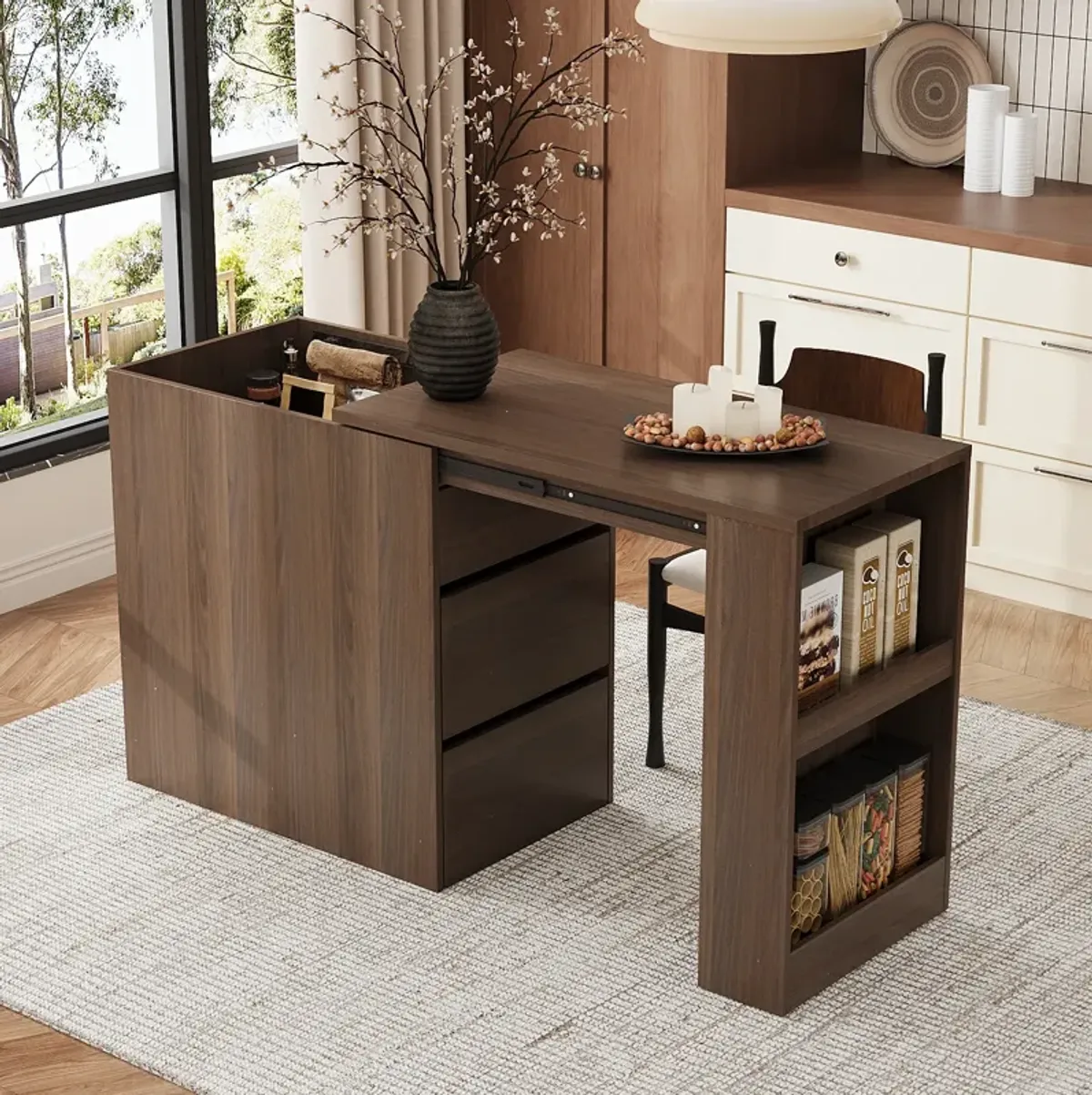 FUFU&GAGA 59" Expandable Home Office Desk – Walnut Finish, Sliding Storage Cabinet with Wheels, 2 Drawers & Adjustable Shelf (59" L x 17.7" W x 29.3" H), Walnut