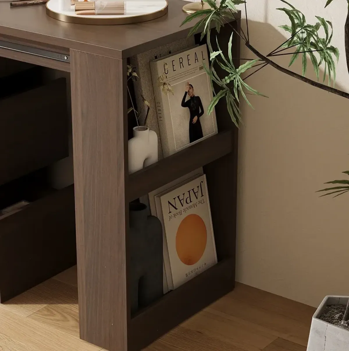 FUFU&GAGA 59" Expandable Home Office Desk – Walnut Finish, Sliding Storage Cabinet with Wheels, 2 Drawers & Adjustable Shelf (59" L x 17.7" W x 29.3" H), Walnut