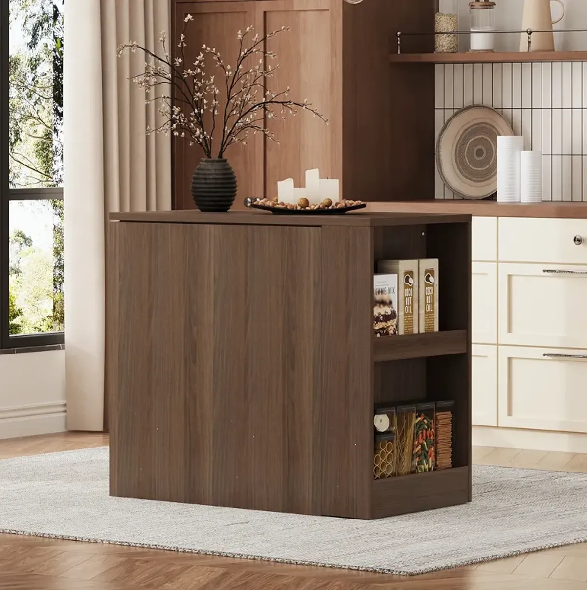 FUFU&GAGA 59" Expandable Home Office Desk – Walnut Finish, Sliding Storage Cabinet with Wheels, 2 Drawers & Adjustable Shelf (59" L x 17.7" W x 29.3" H), Walnut