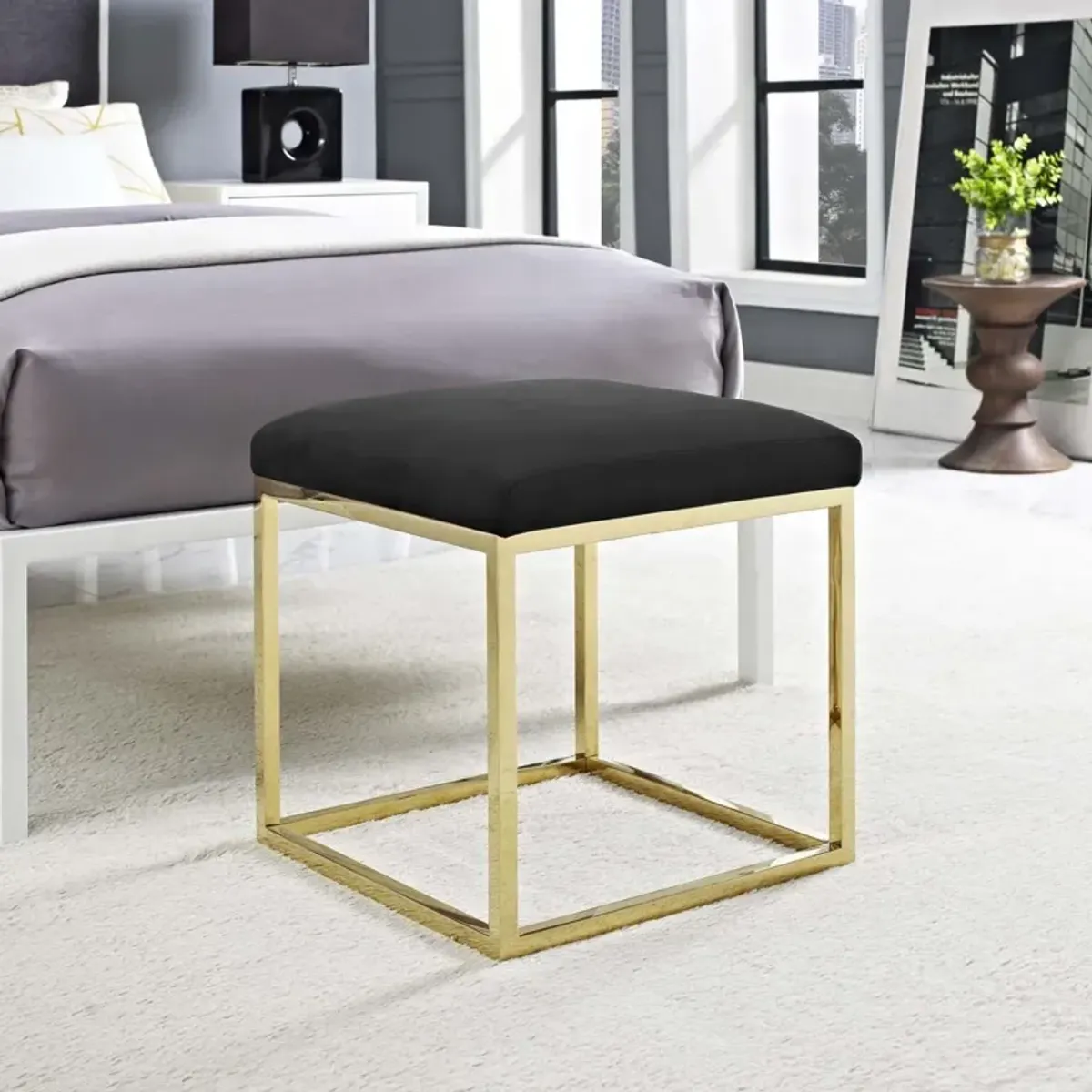 Modway Anticipate Velvet Upholstered Modern Ottoman With Stainless Steel Frame in Gold Black