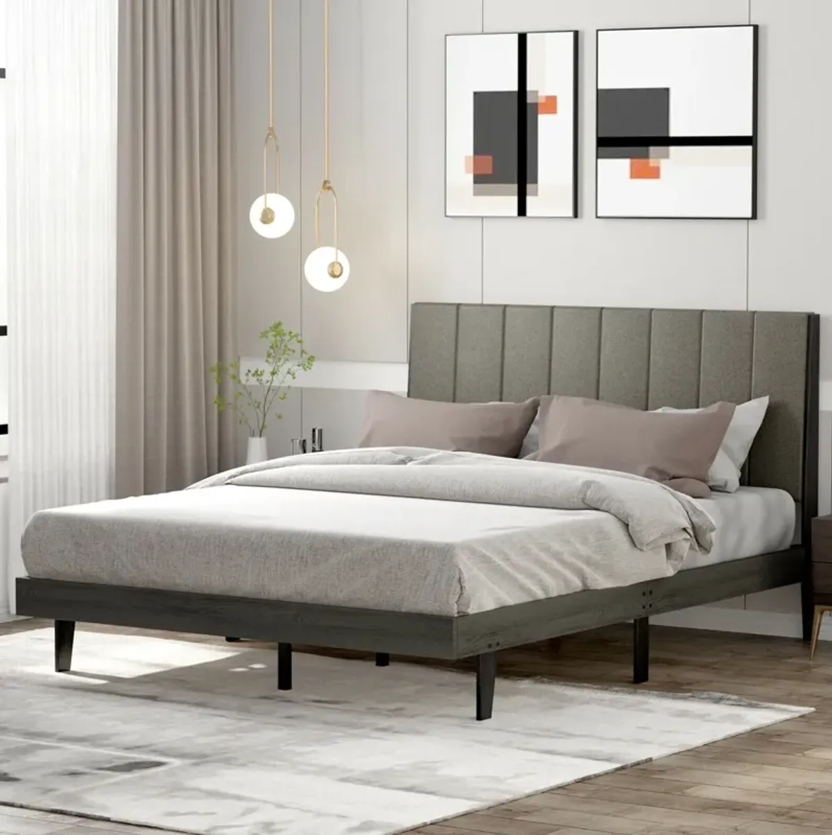 Queen Size Upholstered Bed Frame with Tufted Headboard