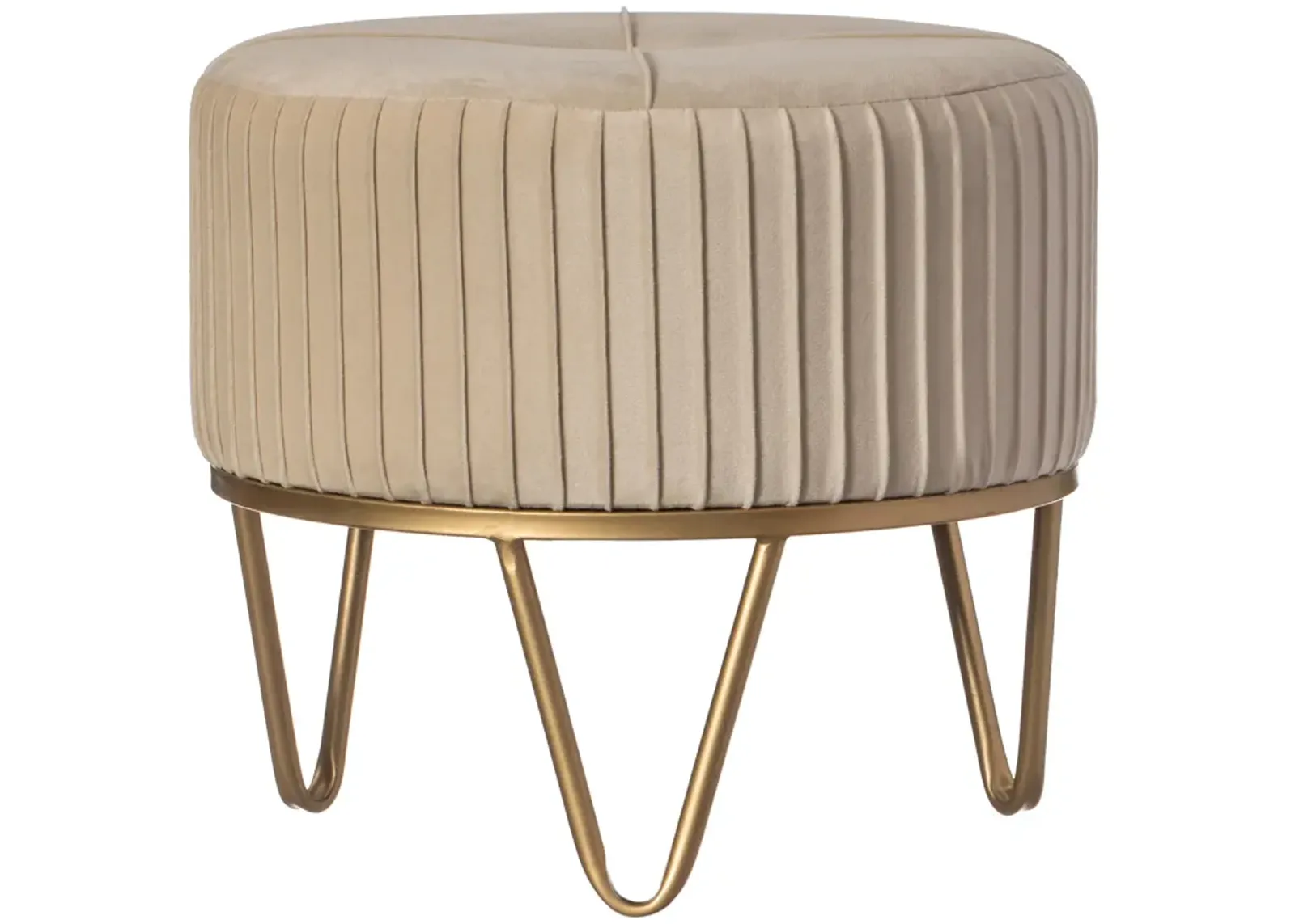 Round Velvet Ottoman Stool Raised with Hairpin Gold Base, Cream, Small