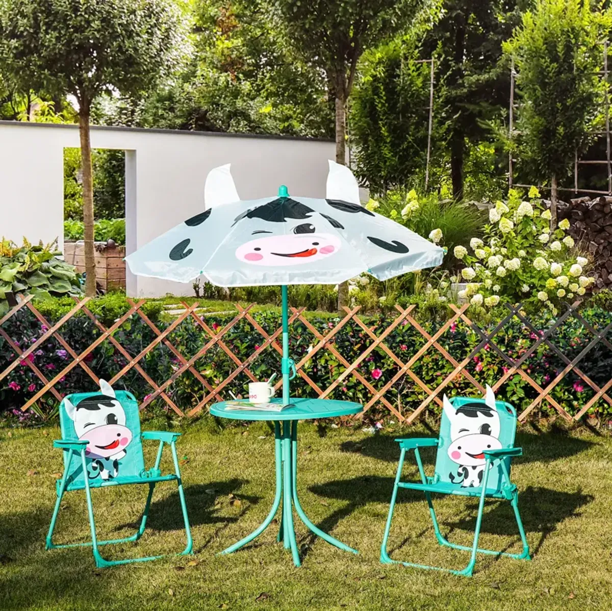 Kids Table and Chair Set, Outdoor Folding Garden Furniture, Picnic Table for Patio Backyard, with Dairy Cow Pattern, Removable & Height Adjustable Sun Umbrella, Aged 3-6 Years Old,White