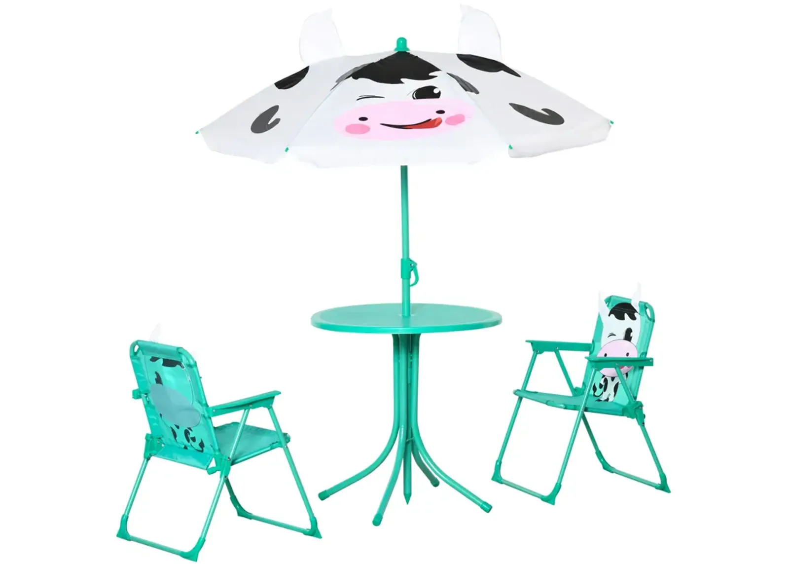 Kids Table and Chair Set, Outdoor Folding Garden Furniture, Picnic Table for Patio Backyard, with Dairy Cow Pattern, Removable & Height Adjustable Sun Umbrella, Aged 3-6 Years Old,White