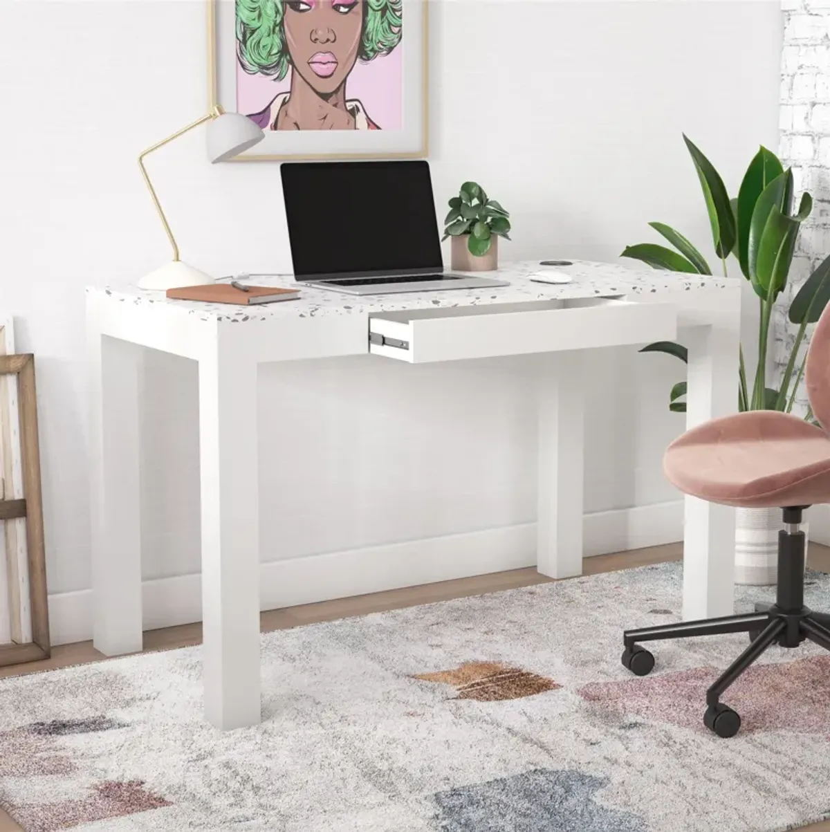 CosmoLiving by Cosmopolitan Astor Desk w/ Wireless Charger, White with Terrazzo Top