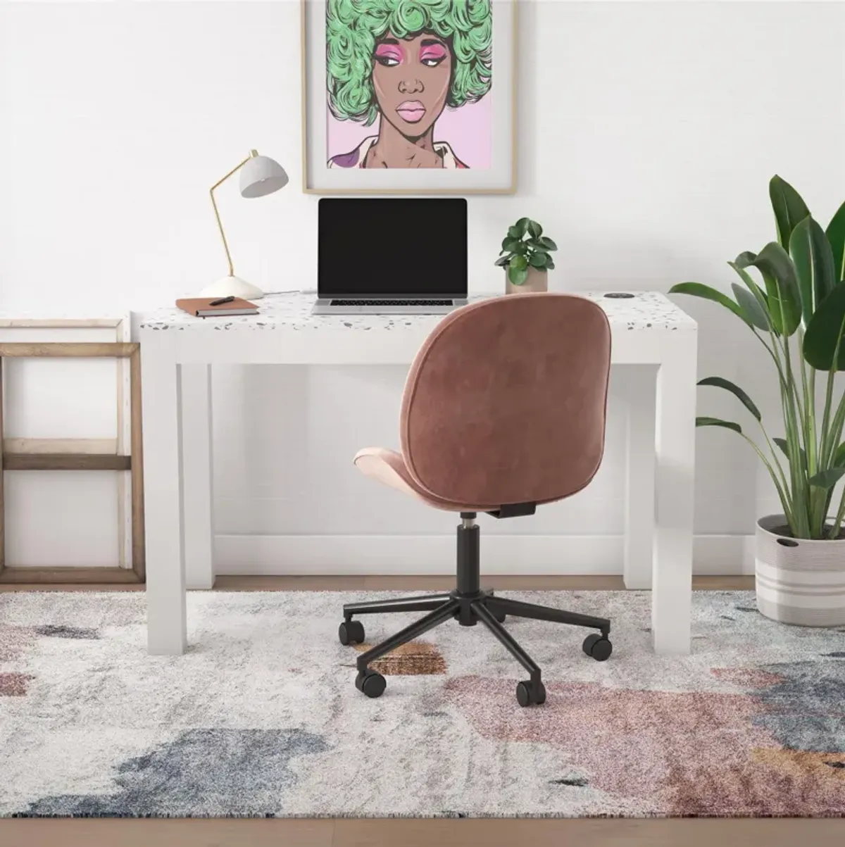 CosmoLiving by Cosmopolitan Astor Desk w/ Wireless Charger, White with Terrazzo Top