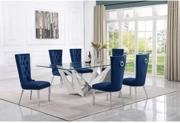 7pc Large(94") glass top dining set with silver base and 6 Navy blue side chairs