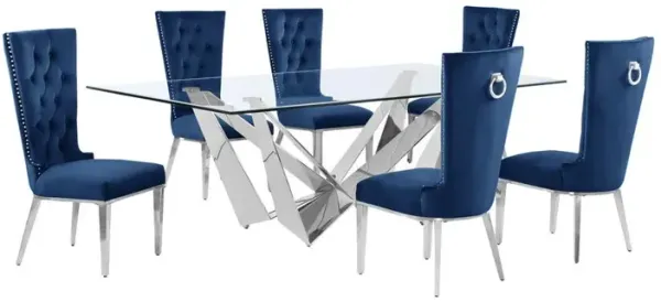 7pc Large(94") glass top dining set with silver base and 6 Navy blue side chairs