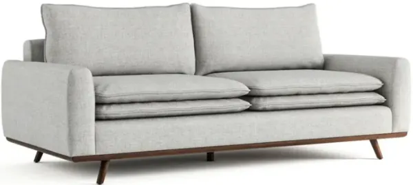 Yaana Sofa with Feather Blend Pillows, Dark Brown Wood, Gray 83 Inch - Benzara