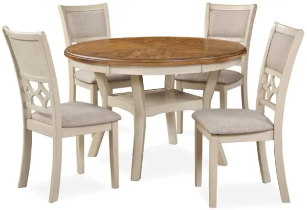 Beas 5 Piece Dining Table and Chair Set, Brown, Beige Wood, Fabric Seating - Benzara