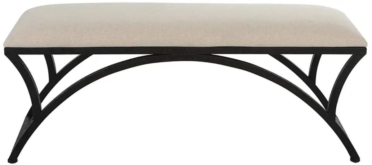 47 Inch Modern Accent Bench with Arched Frame, Cushioned Top, Beige, Black-Benzara