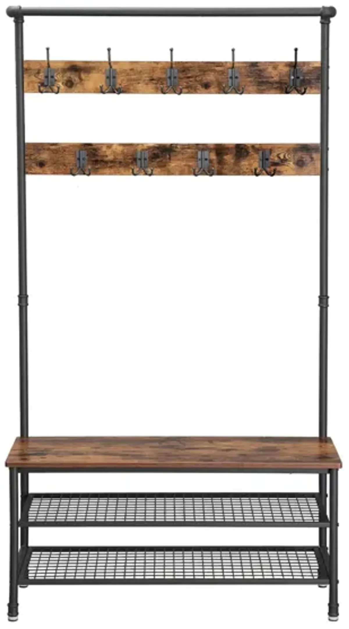 Hall Tree with 9 Hooks and Storage Bench Pipe-Style Coat Stand