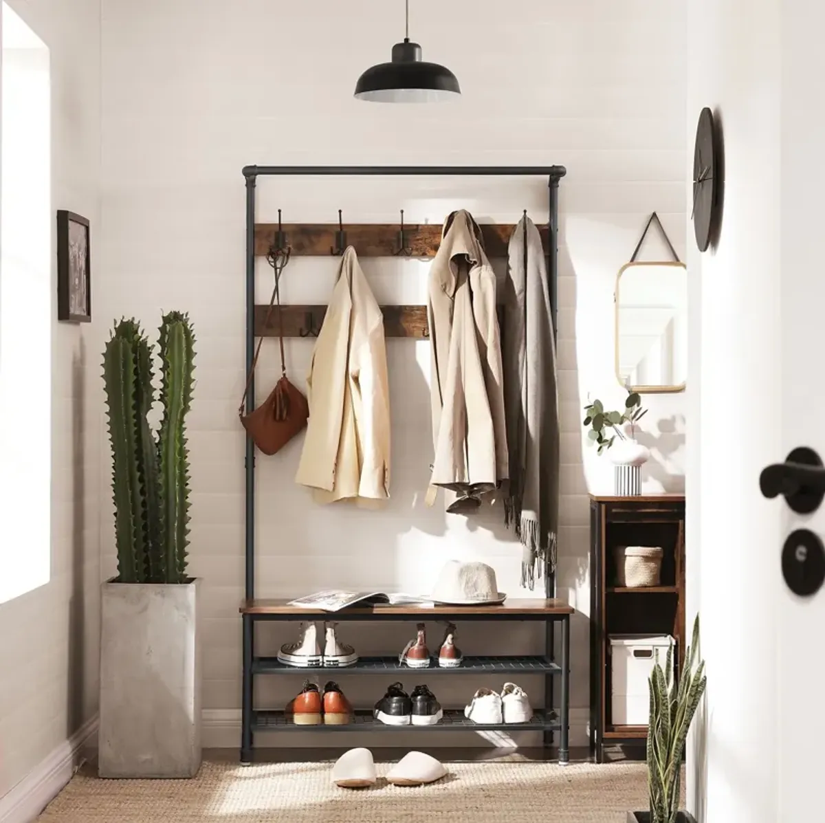 Hall Tree with 9 Hooks and Storage Bench Pipe-Style Coat Stand