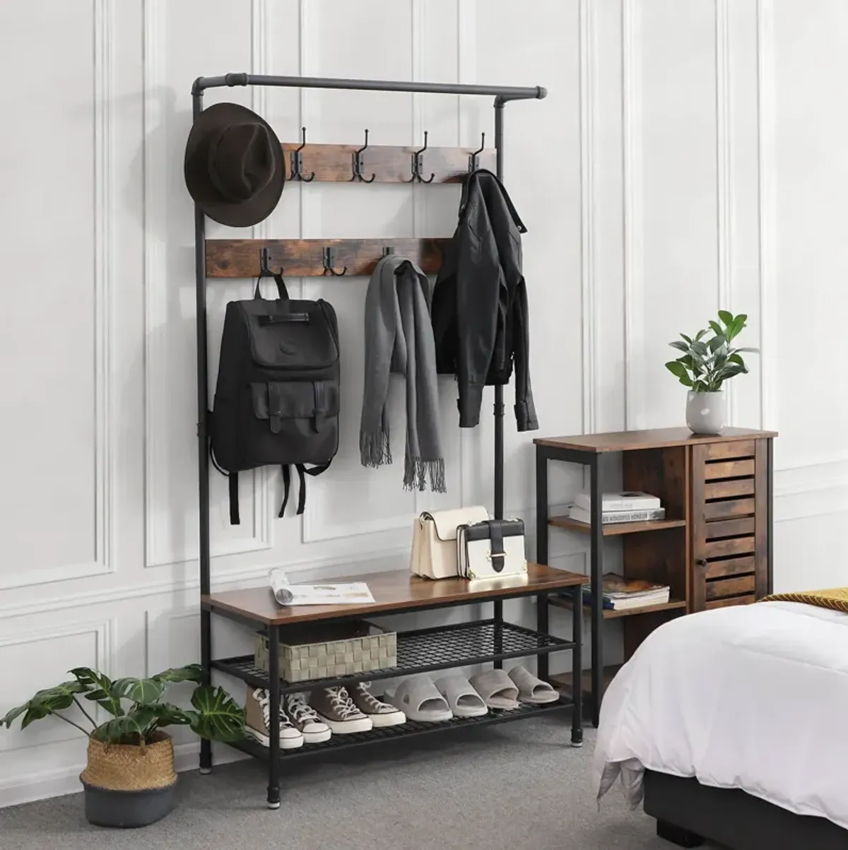 Hall Tree with 9 Hooks and Storage Bench Pipe-Style Coat Stand