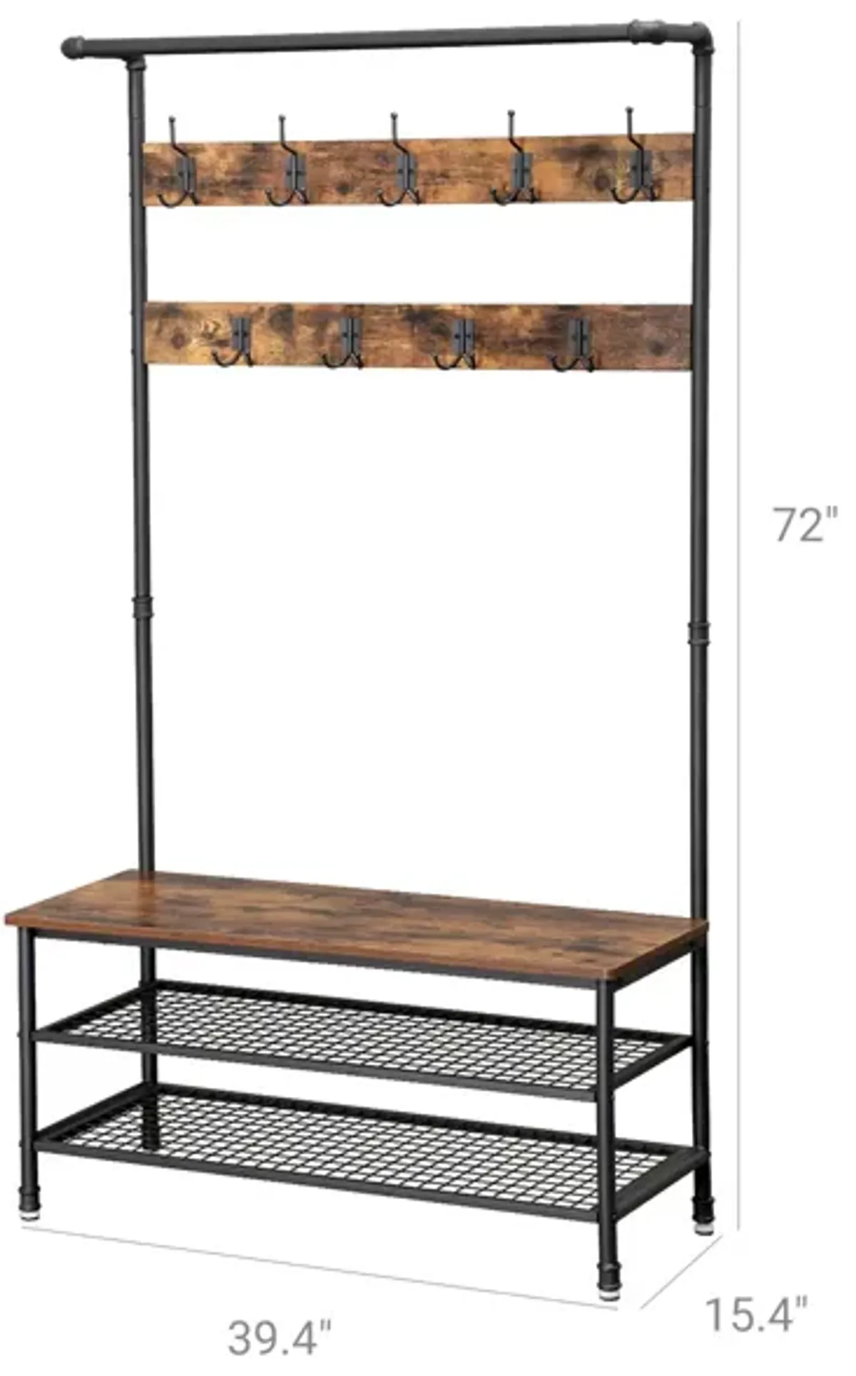 Hall Tree with 9 Hooks and Storage Bench Pipe-Style Coat Stand