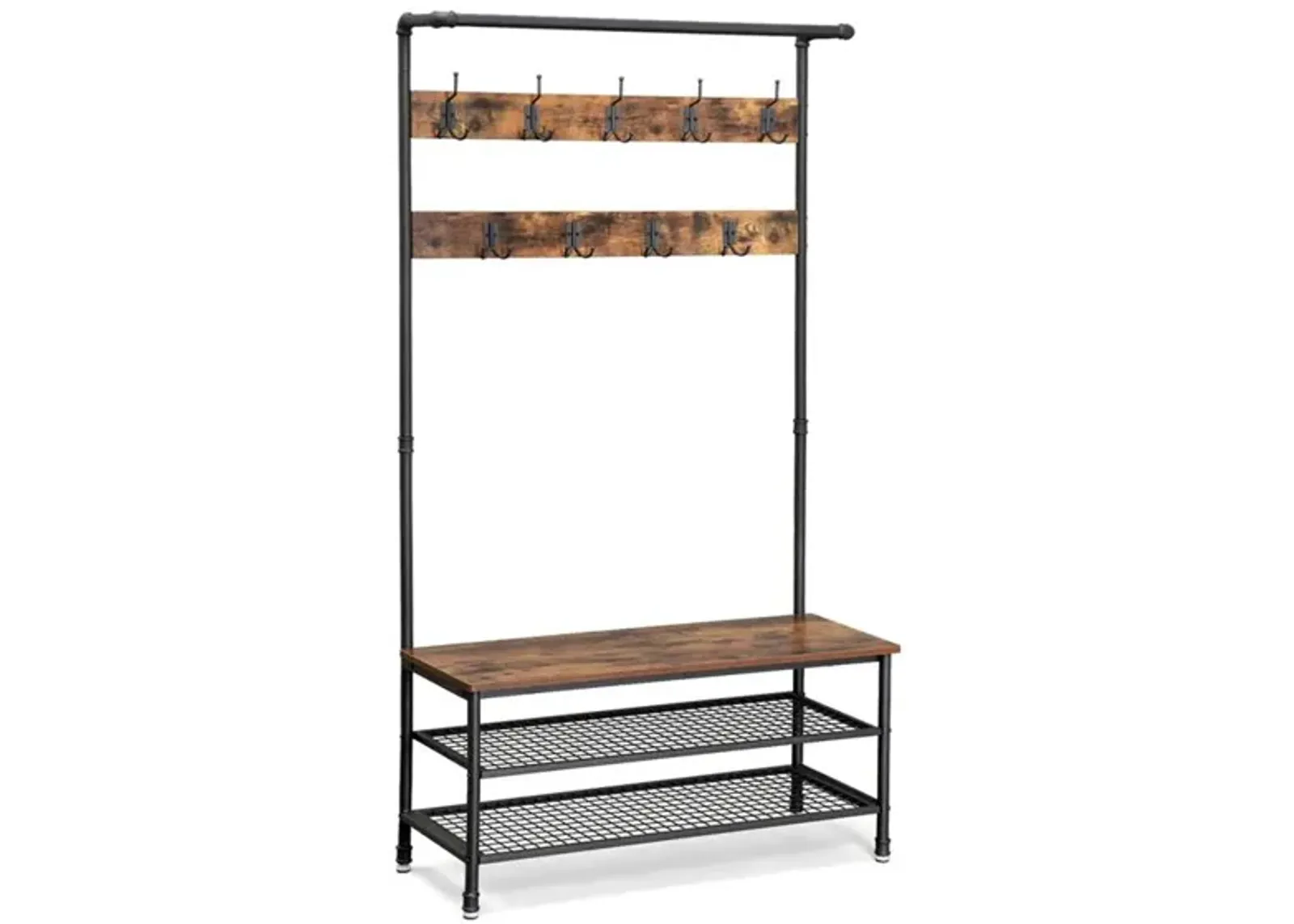 Hall Tree with 9 Hooks and Storage Bench Pipe-Style Coat Stand