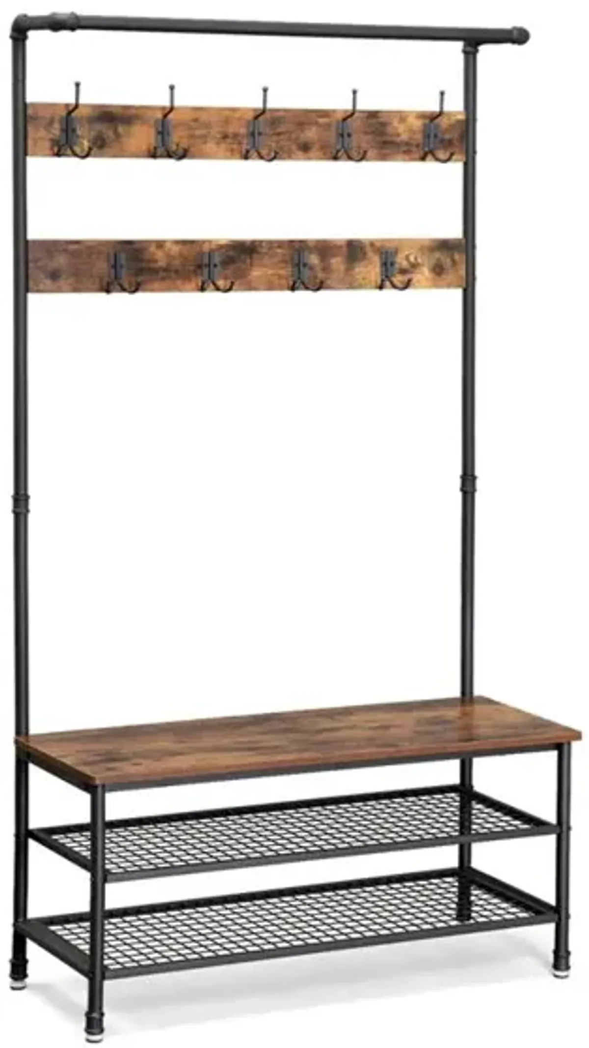 Hall Tree with 9 Hooks and Storage Bench Pipe-Style Coat Stand