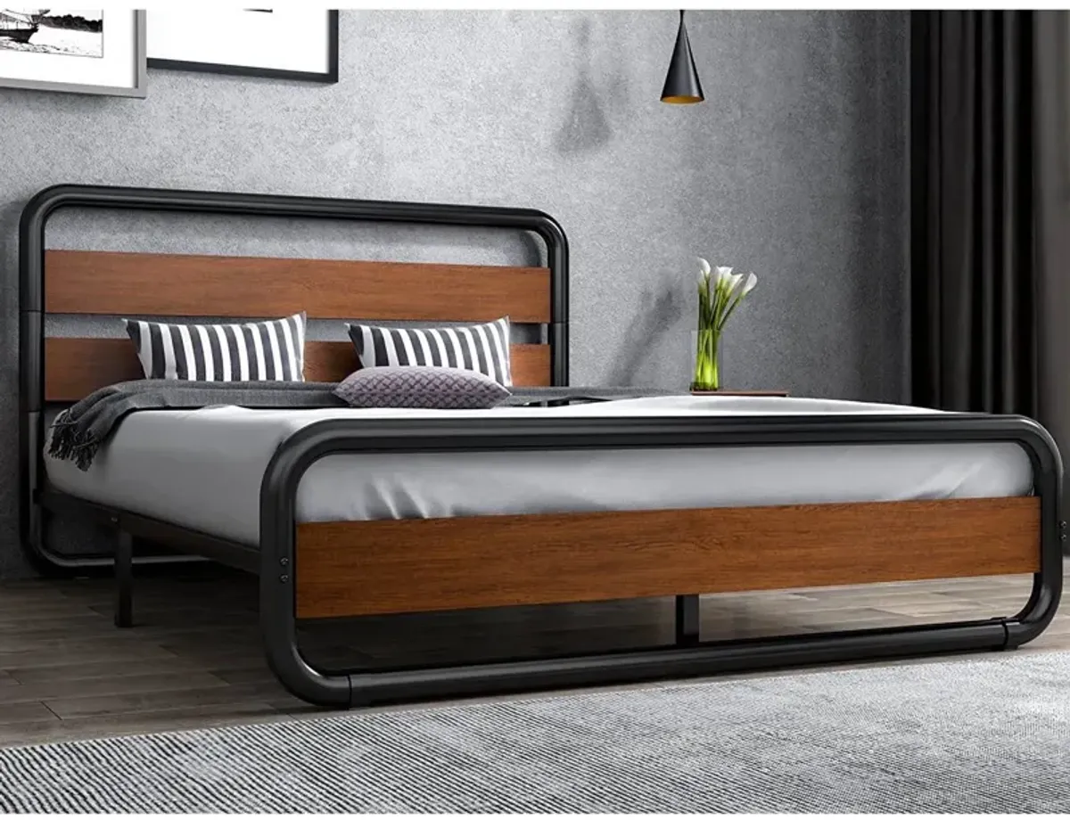 Hivvago Queen Heavy Duty Modern Industrial Metal Wood Platform Bed Frame with Headboard