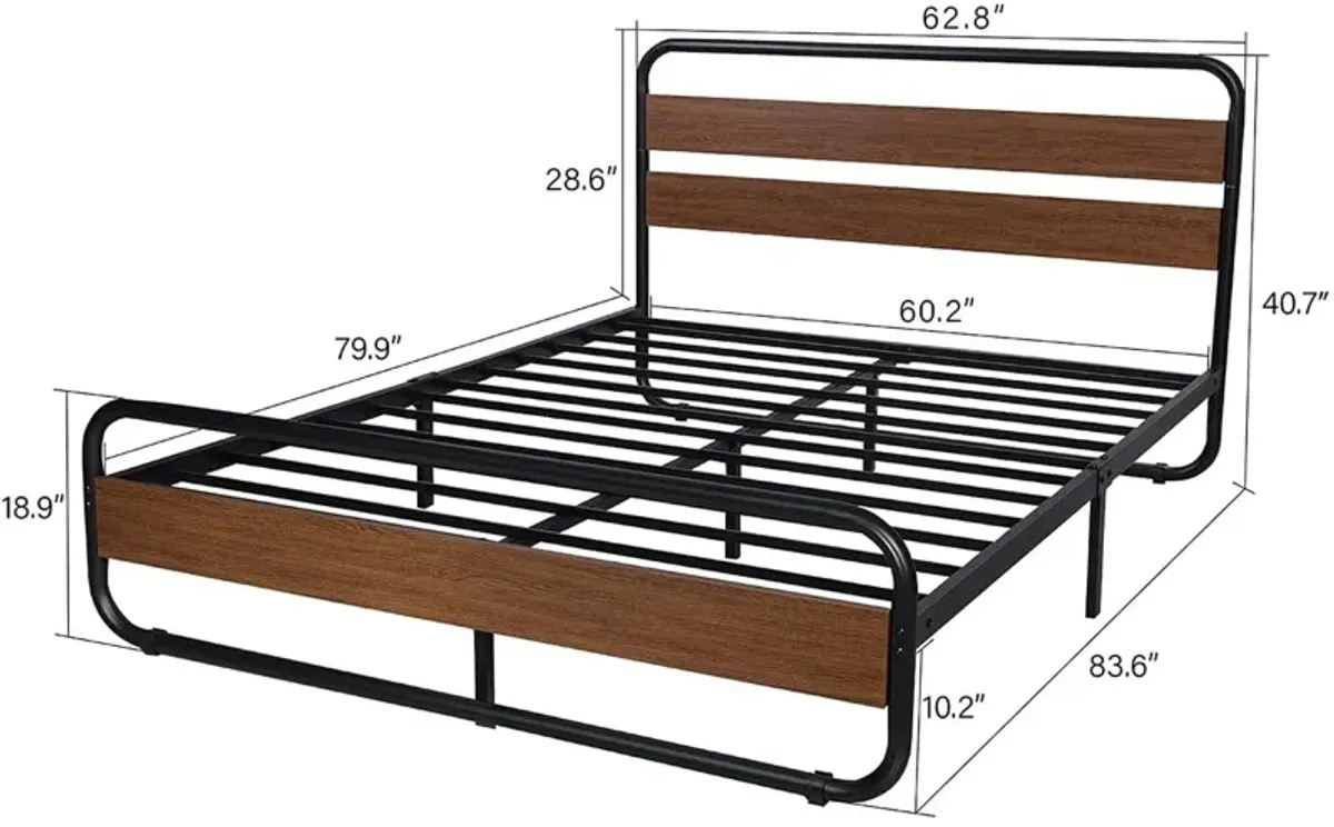 Hivvago Queen Heavy Duty Modern Industrial Metal Wood Platform Bed Frame with Headboard