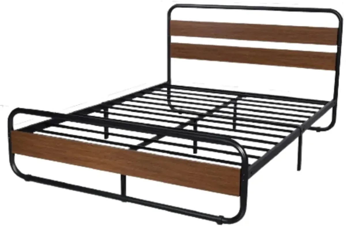 Hivvago Queen Heavy Duty Modern Industrial Metal Wood Platform Bed Frame with Headboard