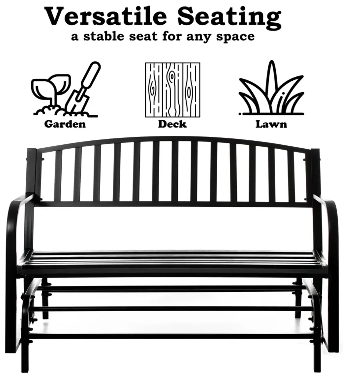 Gardenised Outdoor Black Steel Swing, Powder Coated Glider Bench, Loveseat Lawn Rocker Bench for Yard, Patio, Garden and Deck