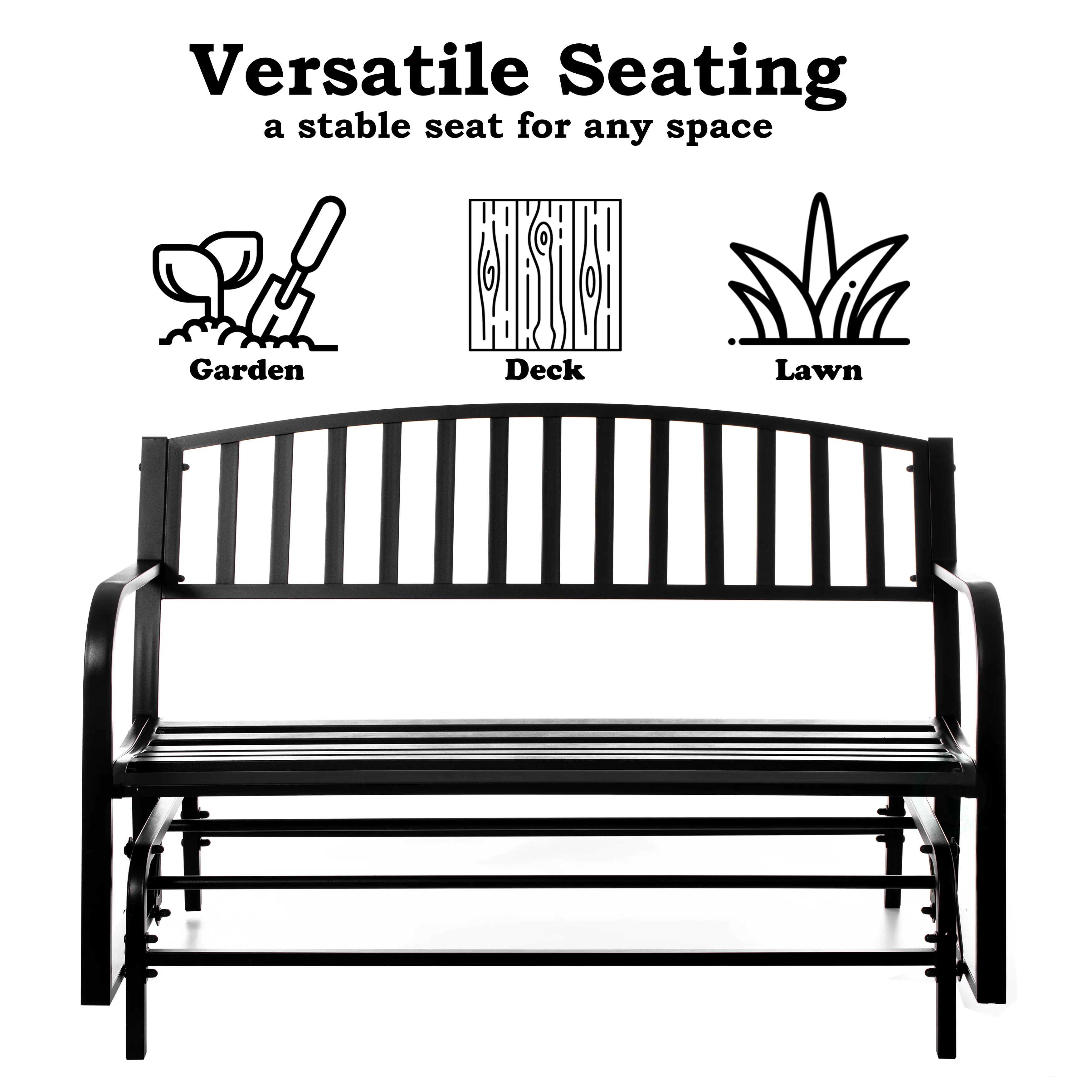 Gardenised Outdoor Black Steel Swing, Powder Coated Glider Bench, Loveseat Lawn Rocker Bench for Yard, Patio, Garden and Deck