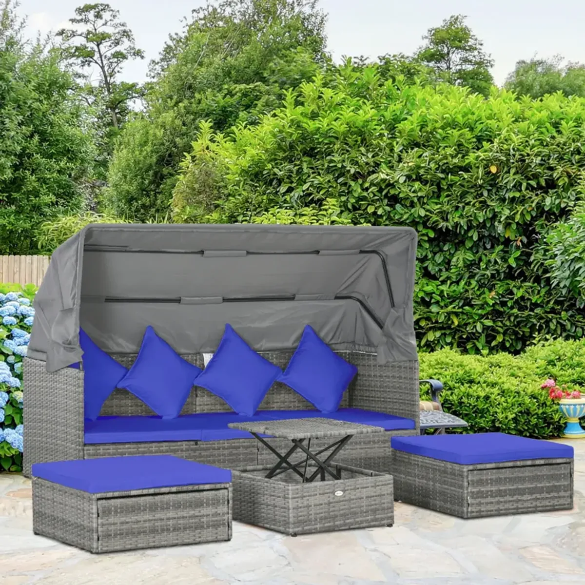 Outsunny 4 Piece Adjustable Canopy Outdoor Rattan Sofa Set Patio Furniture Wicker Sets with Height Adjustable Coffee Table & Cushions Dark Blue