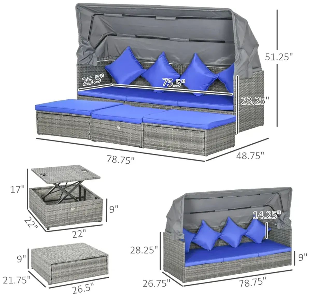 Outsunny 4 Piece Adjustable Canopy Outdoor Rattan Sofa Set Patio Furniture Wicker Sets with Height Adjustable Coffee Table & Cushions Dark Blue