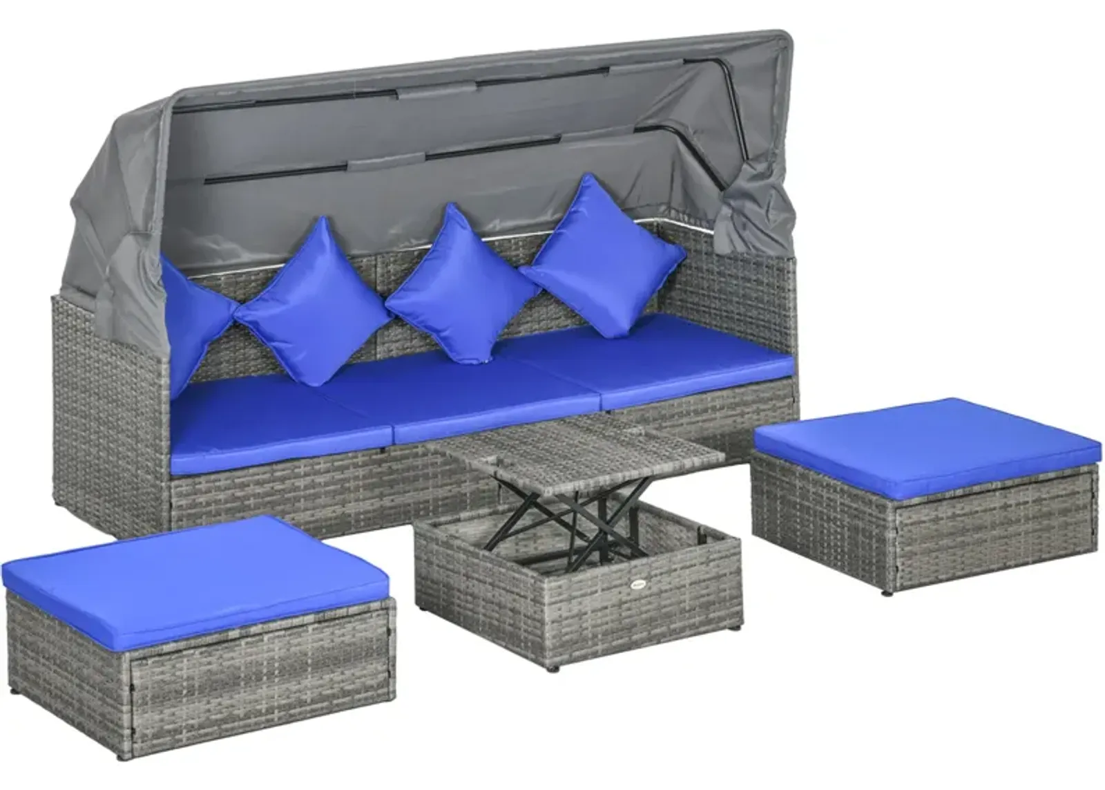 Outsunny 4 Piece Adjustable Canopy Outdoor Rattan Sofa Set Patio Furniture Wicker Sets with Height Adjustable Coffee Table & Cushions Dark Blue