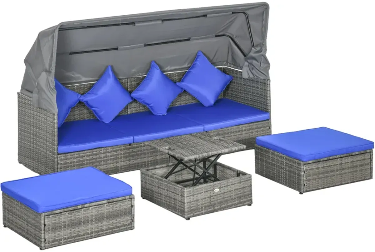 Outsunny 4 Piece Adjustable Canopy Outdoor Rattan Sofa Set Patio Furniture Wicker Sets with Height Adjustable Coffee Table & Cushions Dark Blue