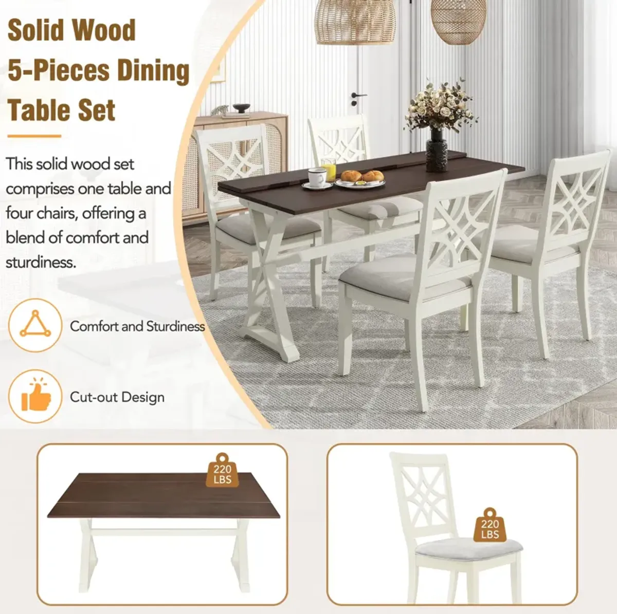 MONDAWE 5-Piece Extendable Rubber Wood Dining Table Set with X-shape Legs,Console Table with Two Flip Lids and Upholstered Dining Chairs