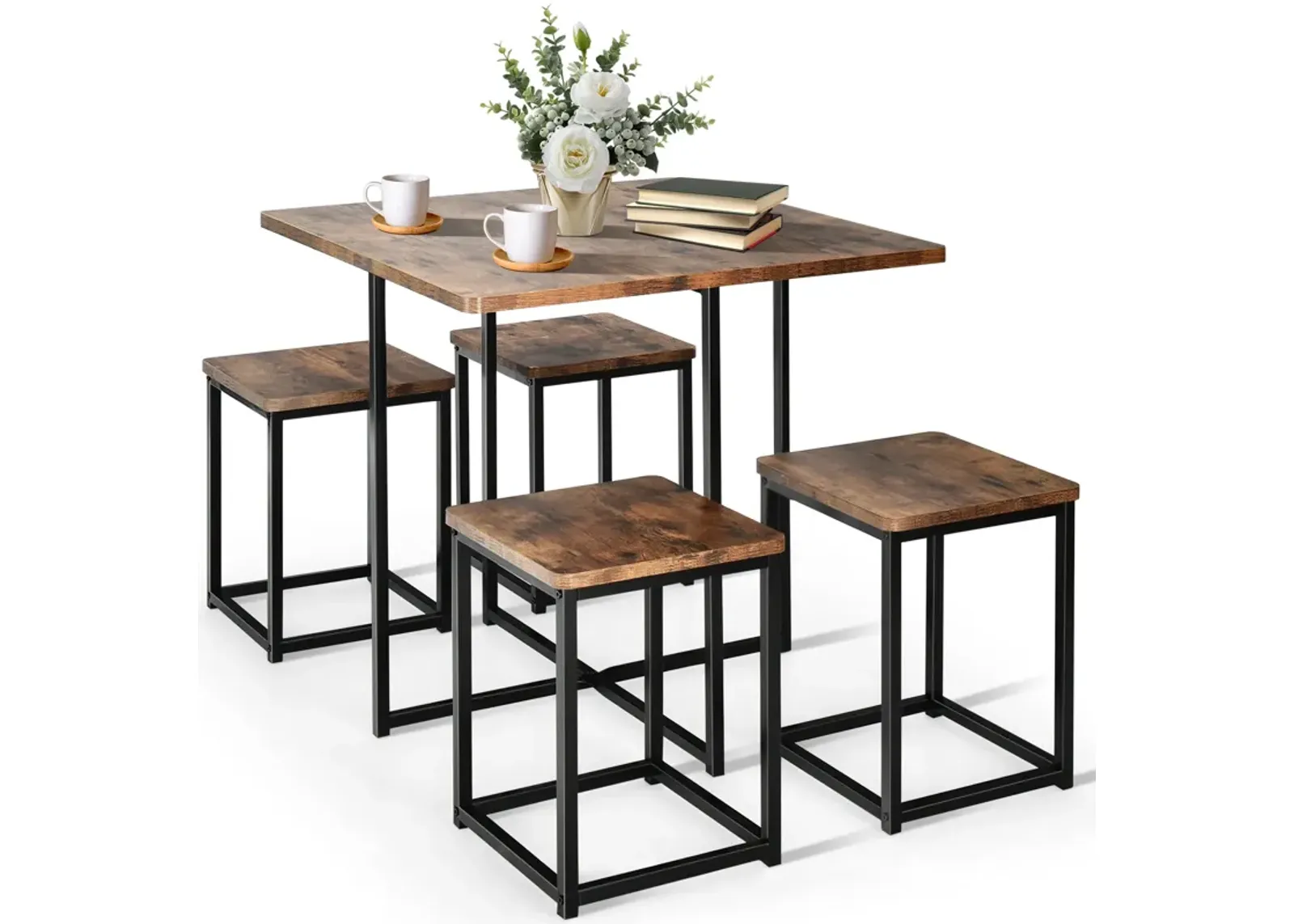 5 Pieces Metal Frame Dining Set with Compact Dining Table and 4 Stools -Walnut