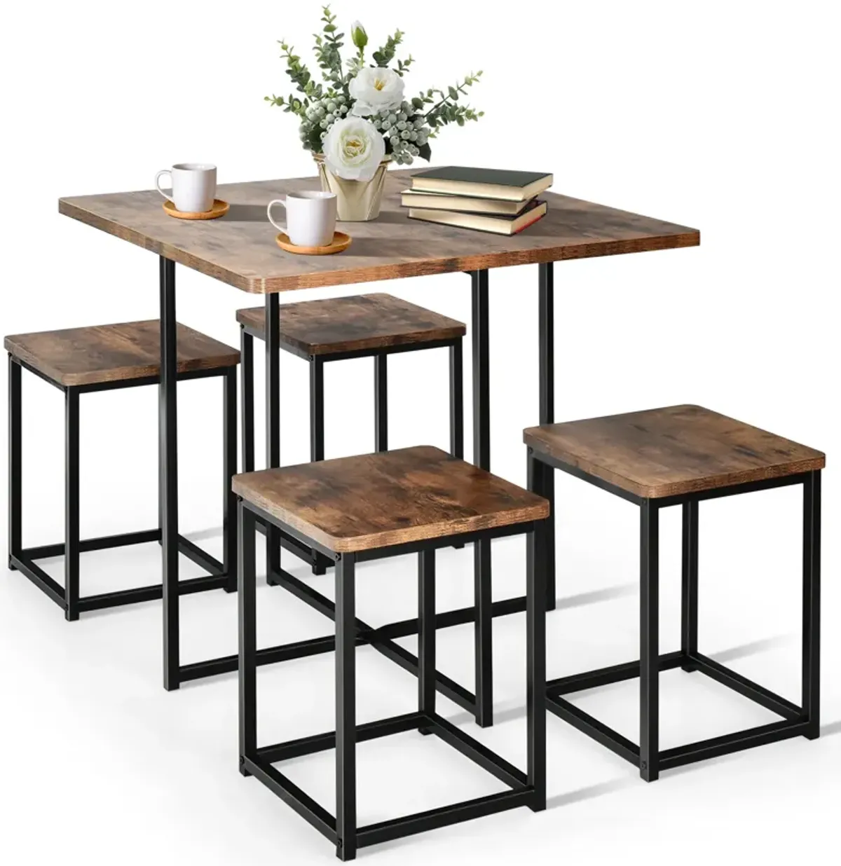 5 Pieces Metal Frame Dining Set with Compact Dining Table and 4 Stools -Walnut